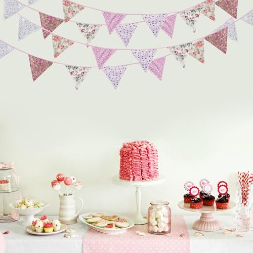 Image of Zwiebeco 32Ft Pink Purple Rustic Floral Fabric Pennant Banner Triangle Flags Cotton Retro Flowers Bunting Party Decorations for Birthday Engagement Wedding Spring Vintage Village Home Garden Decor