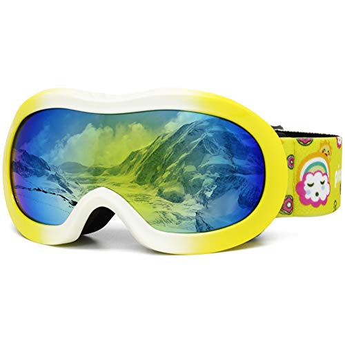 PP PICADOR Kids Ski Goggles Snow Snowboard Goggles for Boys Girls 4-7 with Over Glasses OTG Design Anti-Fog Lens 100% UV Protection Helmet Compatible(Gradual Yellow)