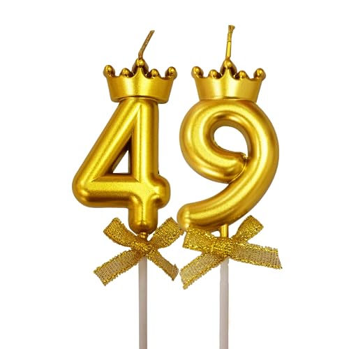Image of 2 Pc 49 Number Candle for Birthday Cake Metallic 49th Birthday Cake Decoration Forty Nine Candle with Crown on Top Cake Topper 0-9 Number Candles for Anniversary (Pack of 2, Gold)