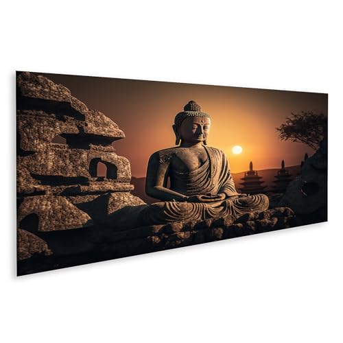 islandburner Bild auf Leinwand Buddha Statue bei Sonnenuntergang im alten Tempelgarten Bilder Wandbilder Poster