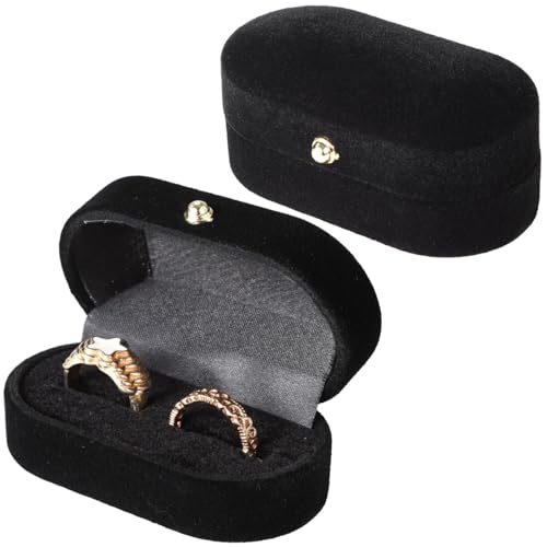 Chewtoyo 2 fundas de terciopelo negro vintage con ranuras dobles, caja ovalada para bodas, compromisos, aniversarios