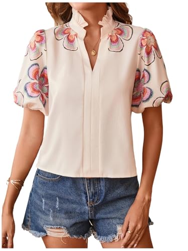 SweatyRocks Women's Floral Print Blouse Top Puff Sleeve V Neck Stand Collar Shirt Apricot L