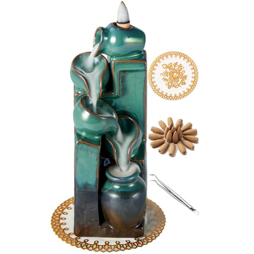 LAMDAWN Unique Cascading Basins Ceramic Waterfall Incense Holder, Paired with a Pack of Backflow Incense Cones. (Blue)
