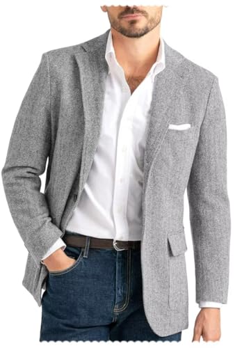 Men's V-Neck Tweed Blend Blazer Vintage Slim Fit Herringbone Sports Jacket with Pockets