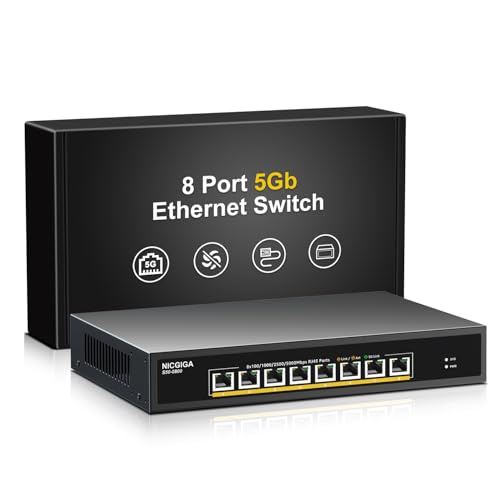 Image of 8 Port 5G Ethernet Switch Unmanaged,with 8X 5Gb Base-T Ports, NICGIGA 5Gbps Network Switch Easy for 5G NAS,PC,WiFi7 Router,5G Adapter /NIC. Desktop or 19-inch Rack Mount, Plug and Play.