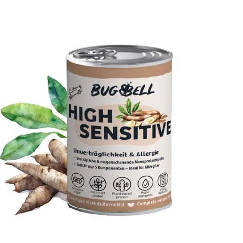 BugBell 400g Nassfutter Sensitive, Nassfutter Schonkost, Nur fünf Komponenten, Hypoallergen, Purinarm, für Allergikerhunde, Insekten Hundefutter bei Ausschlussdiäten