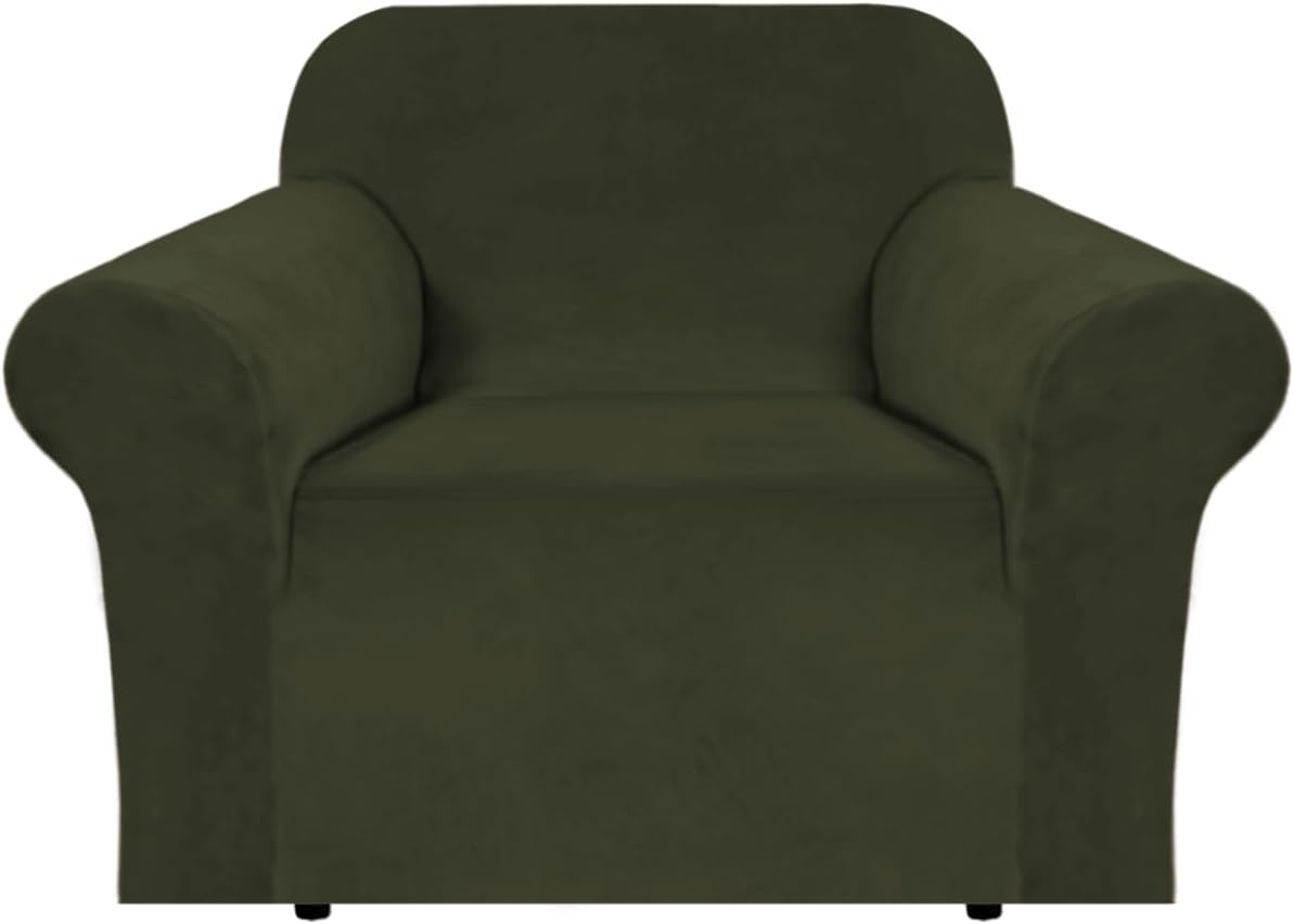 H.VERSAILTEX Stretch Velvet Armchair Cover Couch Covers 1 Cushion Chair Slipcover for Living Room Furniture Cover Crafted from Thick Comfy Rich Velour (Chair 31"-49", Olive)