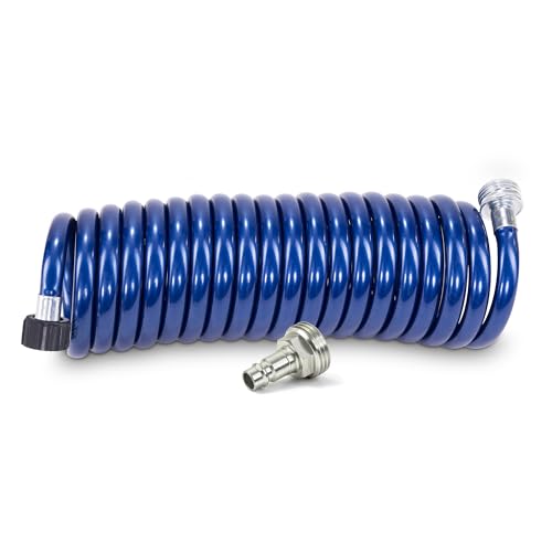 Image of SpringHose RV Premium Polyurethane Drinking Water Safe Coil Hose with Male Adapter Plug - Lightweight Recoil Garden Hose Retractable Blue Coil Garden Hose 3 /8 in by 15-Foot Made in Canada | Blue, Coiled RV Water Hose, Drinking Water Safe, Premium Polyurethane, Lightweight, Male Adapter, Made in Canada