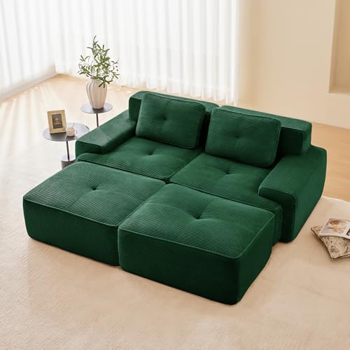 Luscriate Boneless Sofá modular, moderno para salón con asiento bajo de 74 cm, sofá de pana, sofá tapizado en la nube combinable, para salón (verde, 2 + 2)