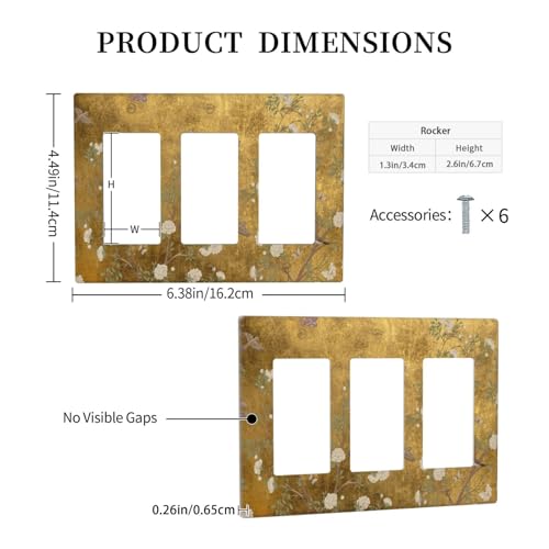 Decorative Outlet Covers Vintage White Flowers Birds on Golden Background 3 Gang Outlet Cover Wall Plate Triple Rocker Light Switch Cover Plate Switch Plate Covers for Home Decor