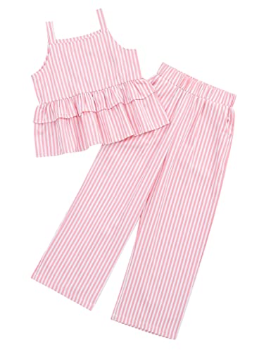 Image of Girl's 2 Piece Striped Outfits Cami Top Wide Leg Pants Ruffle Hem Summer Clothes with 2 Pockets 3-14Y