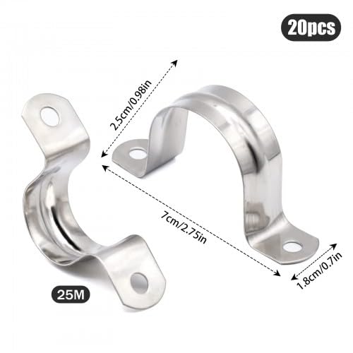 20 sztuk obejmy do rur w kształcie litery U, 25 mm, metalowe, dwuotworowe, zestaw obejm kablowych w kształcie litery U, stal nierdzewna 304, obejmy do węży, do mocowania rur gazowych, rur wodnych