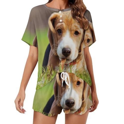 Pyjama femme manches courtes chiot brun sleepwear aux finitions soignées