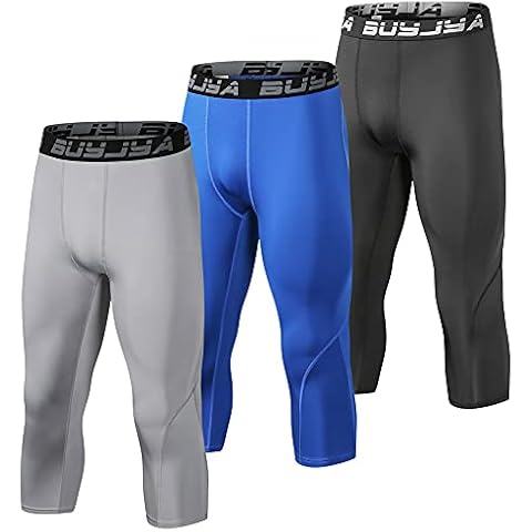 BUYJYA 3 Pack Men's 3/4 Compression Pants Running Tights Workout Leggings Athletic Cool Dry Yoga Gym Clothing, Blue-grey-black, Small Cover
