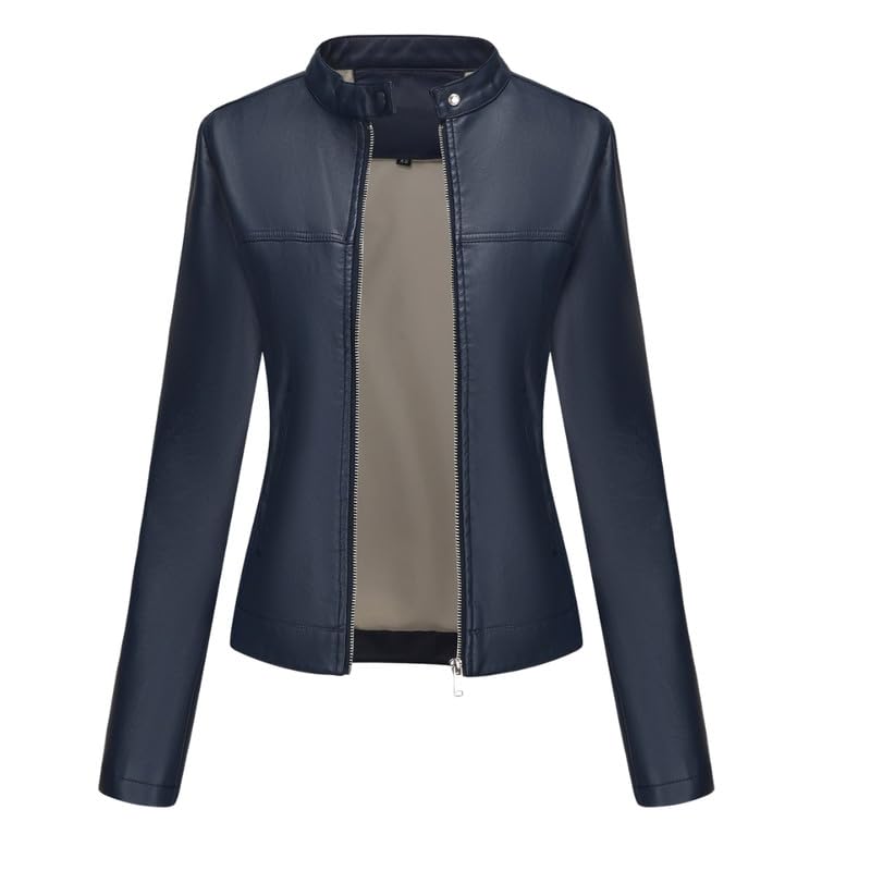 bifanxi Women’s Slim Fit Genuine Leather Jacket with Stand Collar and Pockets Motorcycle Style | Dark Blue | M-picture-11