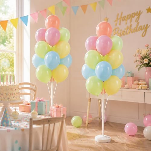 Image of Balloon Column Kit Set of 2,Anti-Tip Sand-Fill Base Balloon Tower Stand with 10 inch 26pc Classic Retro Colorb Balloons for Easter Birthday Wedding Bridal Party Decorations