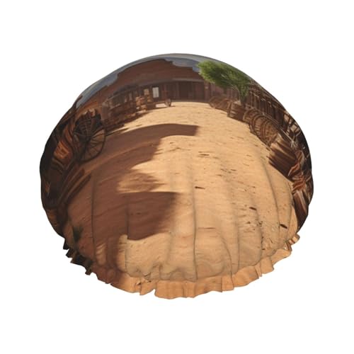 Old Wild West Cowboy Town Shower Cap for Women Reusable Waterproof Shower Bonnet Washable Elastic Band Bath Hair Hat Double Layered Bath Cap Extra Large for Long Hair