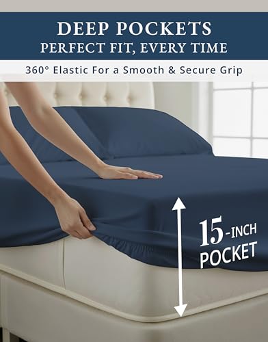 Image of LANE LINEN Cooling Sheets Full Size Egyptian Cotton Sateen - Dark Denim | Full Size Sheets Cotton - 4-Piece Set, Long-Staple Egyptian Cotton, For A Cool, Restful Sleep, Guest-Ready Comfort