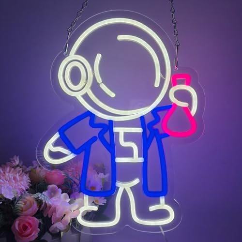 Image of Astronaut Neon Sign with Flask LED Neon Lights for Wall Decor, Classroom, Science Room, Bedroom, Lab Decor, Game Room, Space Theme Party Decoration, Neon Light Sign for Home and Bar