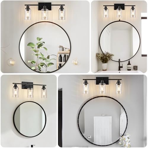 Image of Jonsi 3 Light Modern Black Bathroom Vanity Lights with Fluted Glass Shade, Modern Black Bathroom Lights Over Mirror