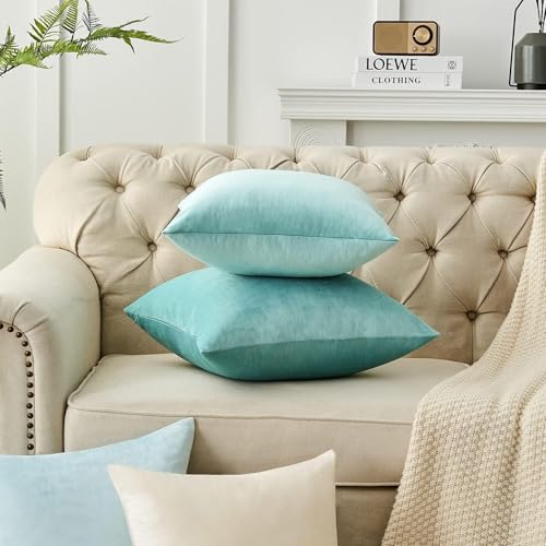Image of 2 Piece Reversible Velvet Cushion Cover, 24x24 inch, Deep Teal | Soft Solid Decorative Throw Square Pillow Cases Modern Luxury Home Decor for Couch Sofa Bedroom Livingroom
