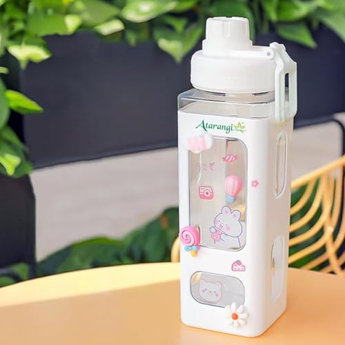 Image of Atarangi Kawaii Water Bottle for Girls with Straw & Movable Handle | Leak-Proof BPA-Free Cute Plastic Bottle with 2D & 3D Stickers | Stylish School & Travel Bottle for Kids