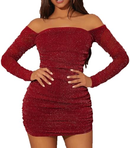 MOEENCN Damenkleid aus Netzstoff, glitzernde Pailletten, Lange Ärmel, quadratischer Kragen, plissiert, figurbetont, Party, Nachtclub, Outfits,...