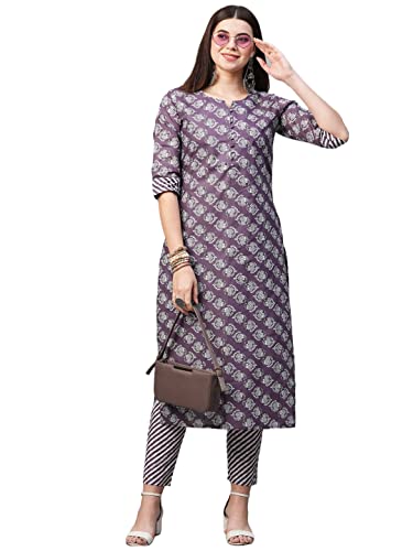 Image of GoSriKi Women's Cotton Blend Printed Straight Kurta With Pant