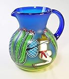 Mexican Glass Margarita or Ice Tea Pitcher, Hand Painted Poncho with Pina, Agave and Saguaro Cactus