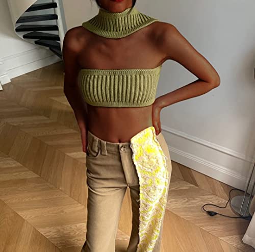 Women Sexy Strapless Tube Crop Top Knitted Halter Neck Bustier Tops Aesthetic Clothes Going Out Top Green S - Image 3