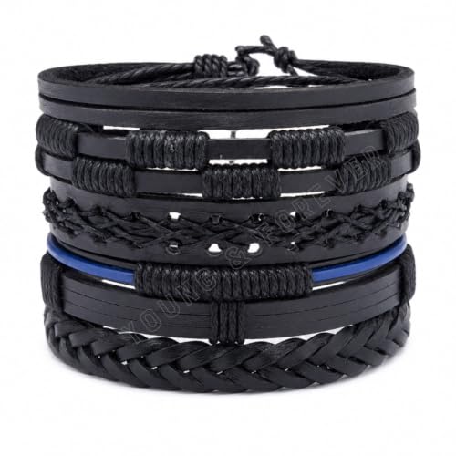 Image of Young & Forever Multi-Pack Men's Leather Bracelet Set - Braided Rope, Vintage Bead, Gothic Punk Skull, & Boho Wrapped Multi-Layer Cuff Wristbands, Adjustable Jewelry Pack