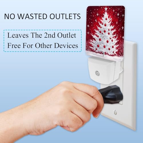 Image of NEWzone Christmas Tree Red Night Light Set of 2, Auto Sensor LED Dusk-to-Dawn Nightlights, Plug-in Sensor Lamp for Bedroom Bathroom Kitchen Hallway Stairs Decorative