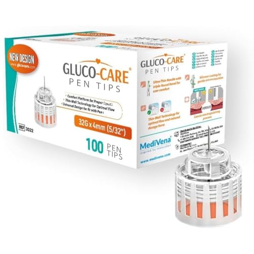 Image of GLUCO-CARE Plus Pen Tips 32G x 5 /32'' (4mm), Universal Fit, Optimal Contact Base for Comfort, 100 Count Tips for Pen Devices, Super Thin for Comfortable Use