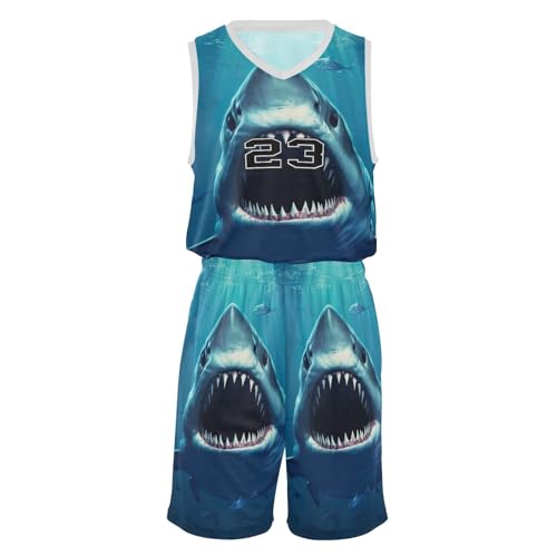 FLildon Big Shark Boys Basketball Jersey Set Tank Top Shorts Tracksuit Sport Training Suit for Kids, XXL