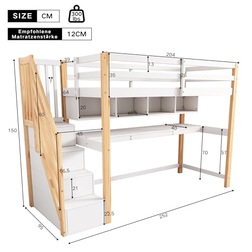 Gegtuon Etagenbett Bett 90x200 mit Tisch für Kinder, Kinderbett mit Stauraum Treppe & Regal, Hochbett Hausbett Bettgestell mit Lattenrost & Rausfallschutz für Kinderzimmer, ohne Matratze, Weiß&Natur