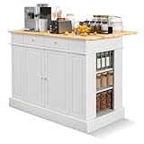 SILKYDRY Kitchen Island with Drop Leaf, Rubber Wood Top Breakfast Bar, Storage Cabinet with 2 Drawers, Adjustable Shelves, Spice Racks, Stationary Island Table for Dining Room, White