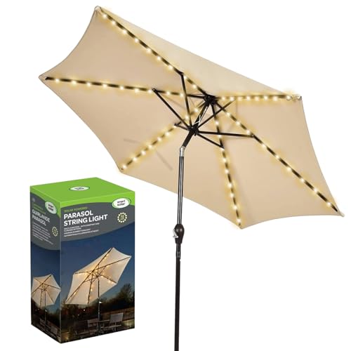 Garden Mile LED Solar Powered Parasol Lights - Waterproof Multi Function Garden Umbrella Warm White LED Solar Fairy Lights for Outdoor Patio Umbrellas Camping Tents