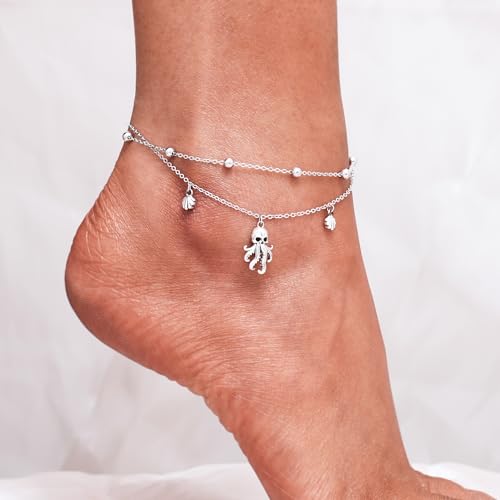 Image of CHIC & ARTSY 925 Sterling Silver Ankle Bracelets for Women, Adjustable Layered Foot Chains with Nature & Symbol Charms, Lightweight Comfort Fit Boho Beach Everyday Jewelry