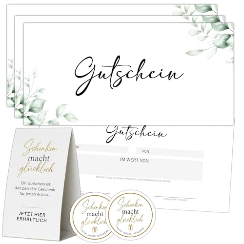 50 Blanko Gutscheine zum selbst Ausfüllen | Gedruckt auf Premium Papier | Gutscheinvorlage Gutscheinkarte Geschenkgutschein (Gutschein Eucalyptus)
