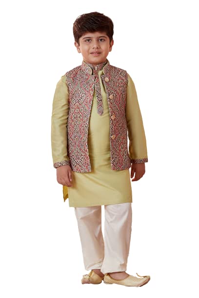 Kurta et pyjama Manyavar pour garçon : ensemble vert avec veste pour mariages et fêtes de famille