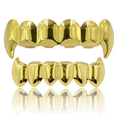 JINAO Gold Vampire Grillz Face 14K Gold Plated Hip Hop Top Bottom Fangs Grills for Your Teeth Set for Men and Women (Gold Grillz)
