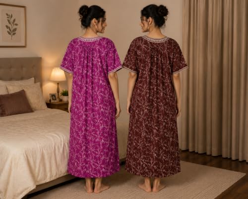 Image of Embroidery Nighty for Women Pure Cotton Combo Pack of 2 | Free Size Gown for Women Cotton Nighties for Women Stylish Night Dress | Maxi Sleepwear Maroon & Purple