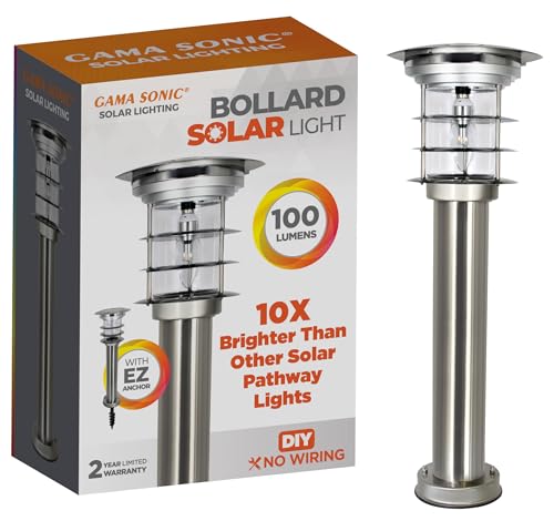 Gama Sonic Outdoor Bollard Solar Pathway Light, Silver Stainless and Glass, Auger EZ-Anchor for Dirt and Grass. 24.25-inch Lamp Height, Sidewalk, Path, Driveway, 100 Lumens, 1 Pack (214801)