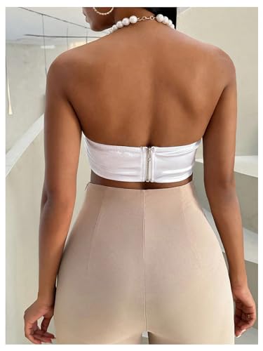 SOLY HUX Women's Pearls Beaded Halter Bow Front Cami Crop Tops Sexy Camisole2