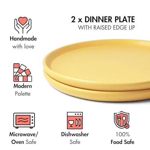 Image of Ceramic Dinner Plates, 2 Pcs | Rim Plate for Easy Eating | Microwave, Oven, Dishwasher Safe | Set of 2 Ceramic Plates for Dinner | Handmade | (Aamras Yellow, Dinner Plate)
