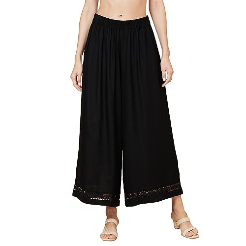 Image of Globus Women Black Solid Ethnic Wide Leg Palazzo with Lace at Hem-3638111001