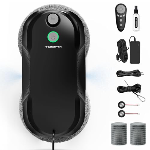 Tosima W5 Pro 6400 Pa Robot Laveur de Vitre, Double Pulvérisation d'eau Ultrasonique, Nettoyeur de Vitre Automatique, Télécommande, 20 Chiffons en Microfibre (Noir)