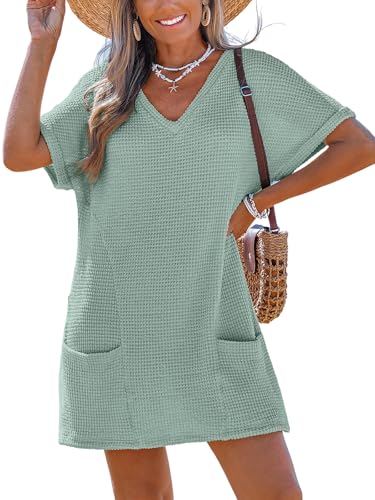 CUPSHE Swimsuit Coverup for Women Waffle Knit V Neck Short Sleeve Beach Coverup Dress with Pockets Green, S