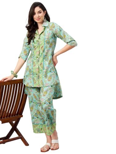 Image of WineRed Women Green Paisley Print Hi-Low Co-ord Set