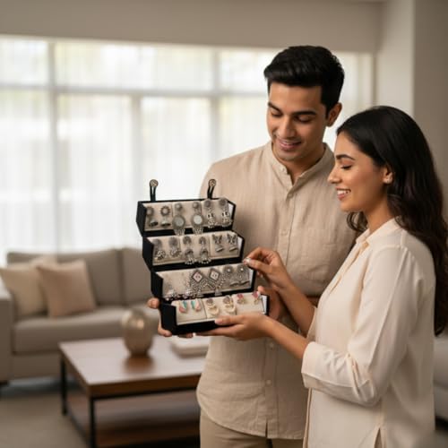 Image of Oxidised Jhumki & Earring Gift Hamper (12 Pairs) with Folder-Style Jewellery Organizer Box | Traditional & Trendy Earrings Combo Set for Women & Girls | Festive & Occasion Gifting